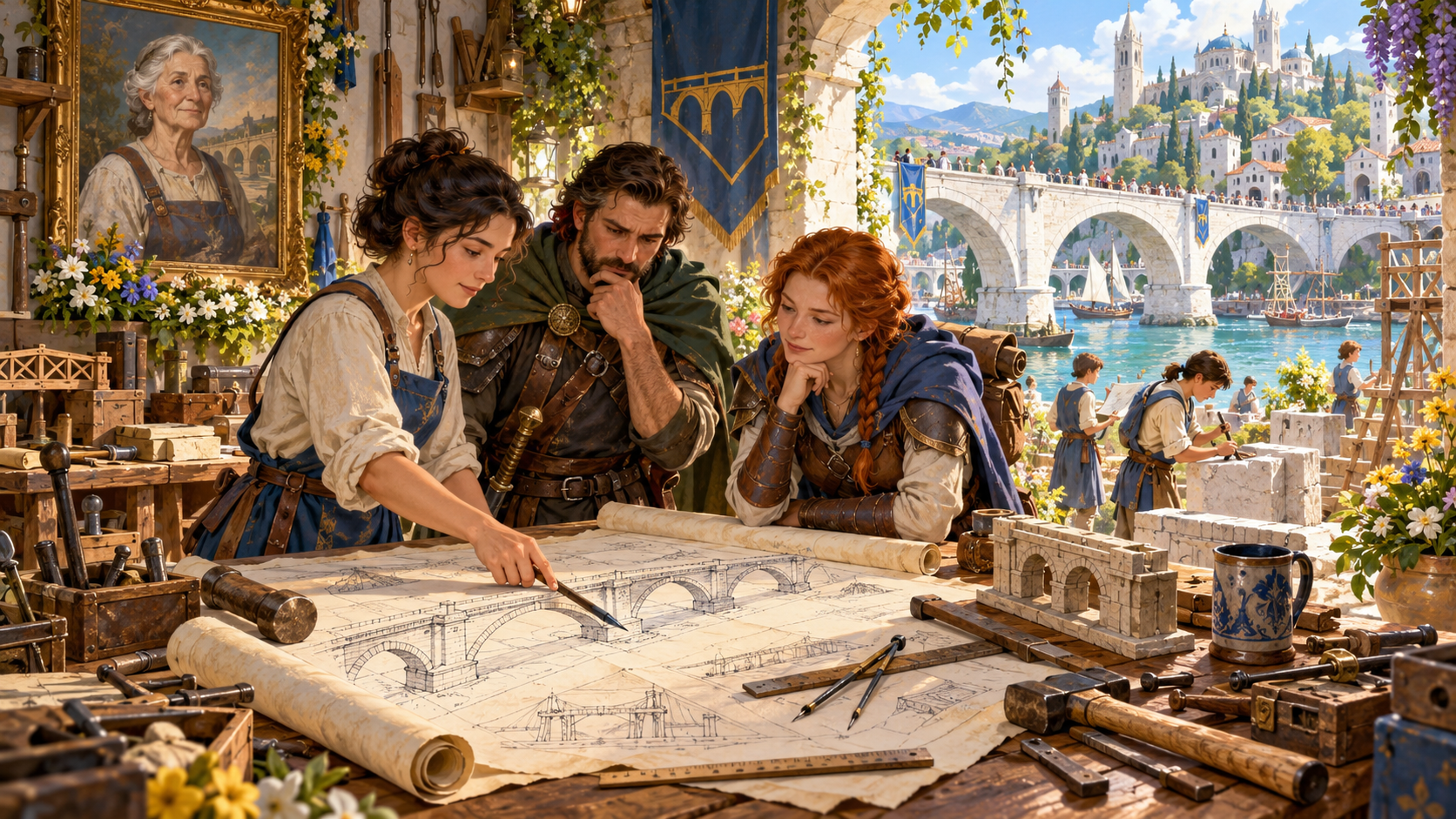 Portrait of a remembered bridge builder above a workshop where family and companions discuss bridge plans